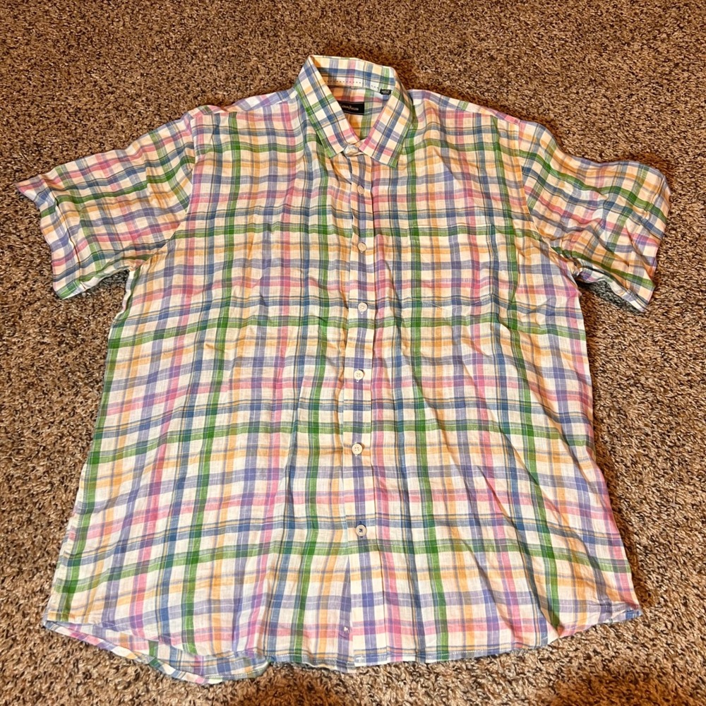 Neiman Marcus Mens L Plaid Linen Casual Button Up Shirt Short Sleeve